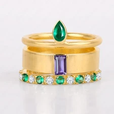 Baguette Cut Amethyst Thick Wide Band, Emerald & Moissanite Full Eternity Ring