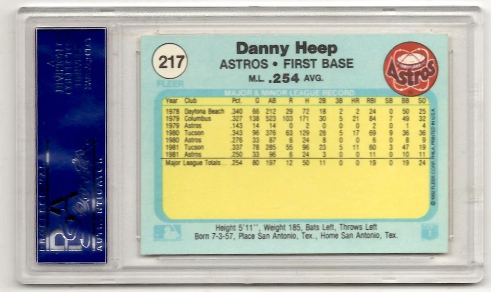 PSA 10 Danny Heep 1982 Fleer #217, Pop 3, Houston Astros, NY Mets, LA Dodgers - Image 2 of 2