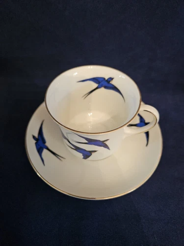 Blue Bird China 2 tazas de té, platillo, 2 platos laterales Checoslovaquia dorado años 30 - Imagen 3 de 14