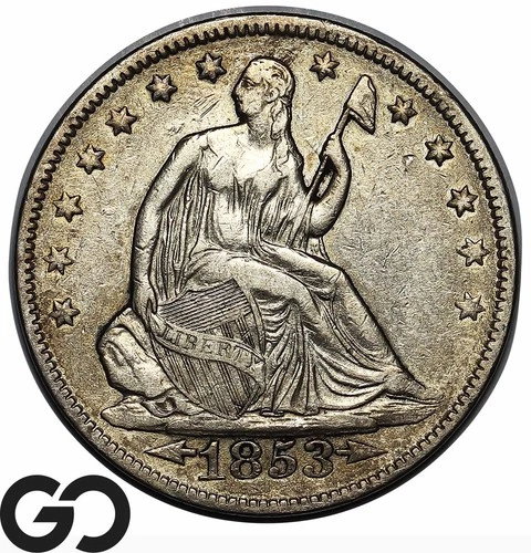 1853 Seated Liberty Half Dollar Arrows & Rays, Choice AU, Great Type Coin