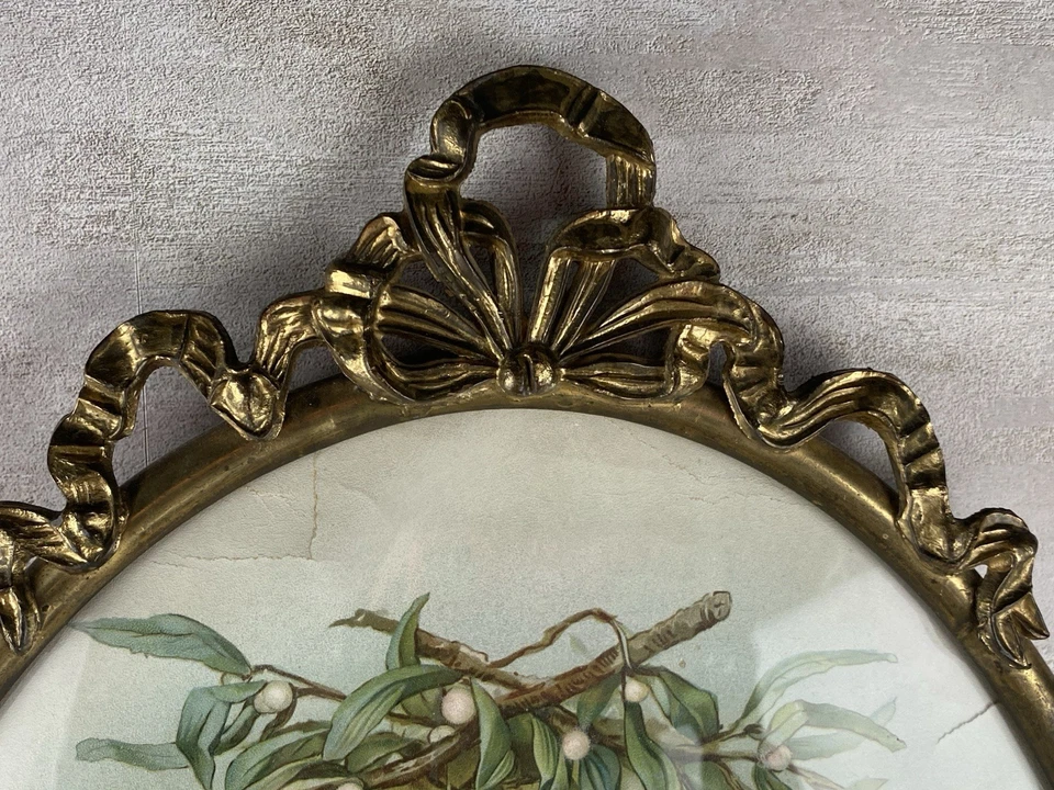 Antiguo marco ovalado de vidrio convexo burbuja de latón de 12” x 19” con impresión Foto 3 de 4