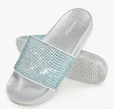 Fur Story Womens Slides House Slippers Rhinestone Glitter Slides Cute bling Flat