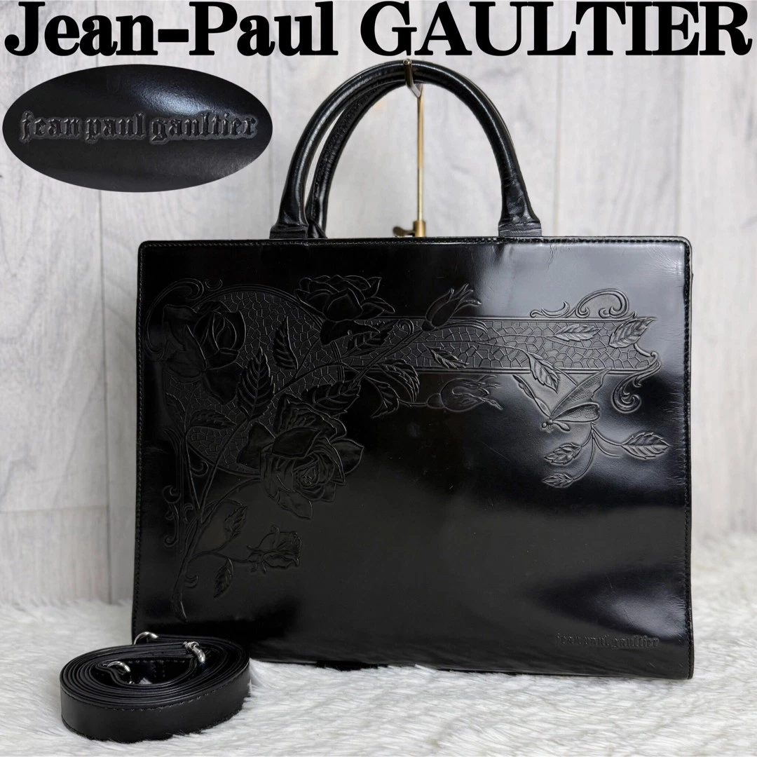 【used】Jean Paul Gaultier leather bag jpg Jean Paul Gaultier Black Leather Shoulder Bag Logo Purse Clasp