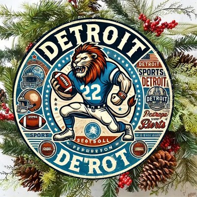 [2D Flat] Room Tin Metal Signs Home Décor 8x8 Detroit Sports Theme Round Aluminu