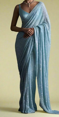 Designer blue sequence Saree indian sequins bollywood party wear women sari - Picture 3 of 3