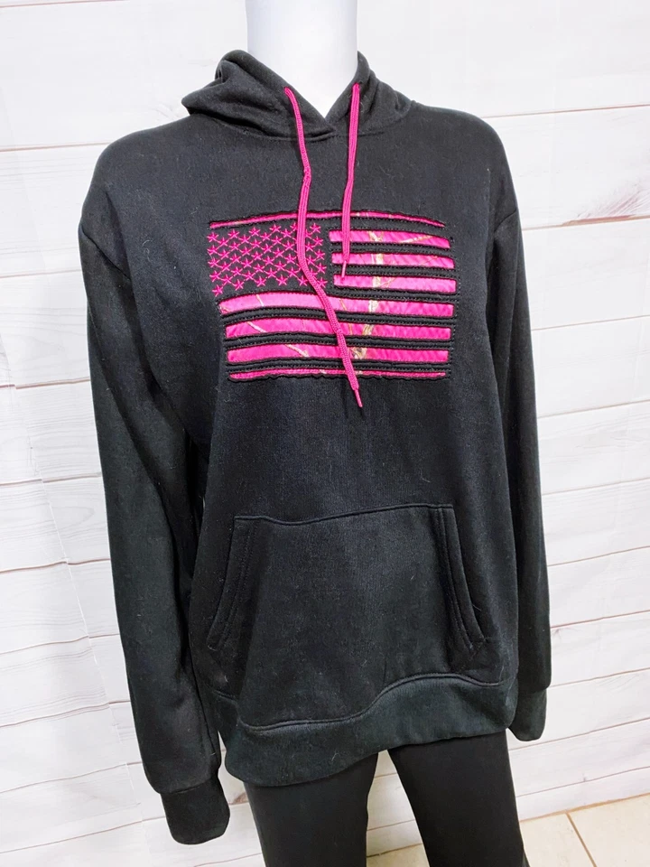 Sudadera con Capucha Mossy Oak para Mujer Talla XL Negra Bandera de Estados Unidos Bolsillo Canguro Manga Larga Foto 2 de 4
