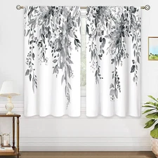 Grey Eucalyptus Botanical Leaves Floral Window Curtains Watercolor Black White F