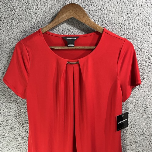 Camicia donna Liz Claiborne piccola rossa Ity top collo orlo carriera maglia floreale drappeggiata - Foto 14 di 16
