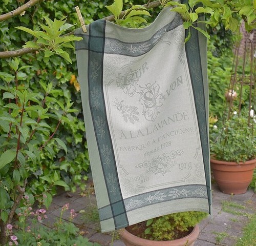 Tea Towel Cotton Jacquard 50x70 CM Green With Lavendelmotiven from France - Picture 2 of 5