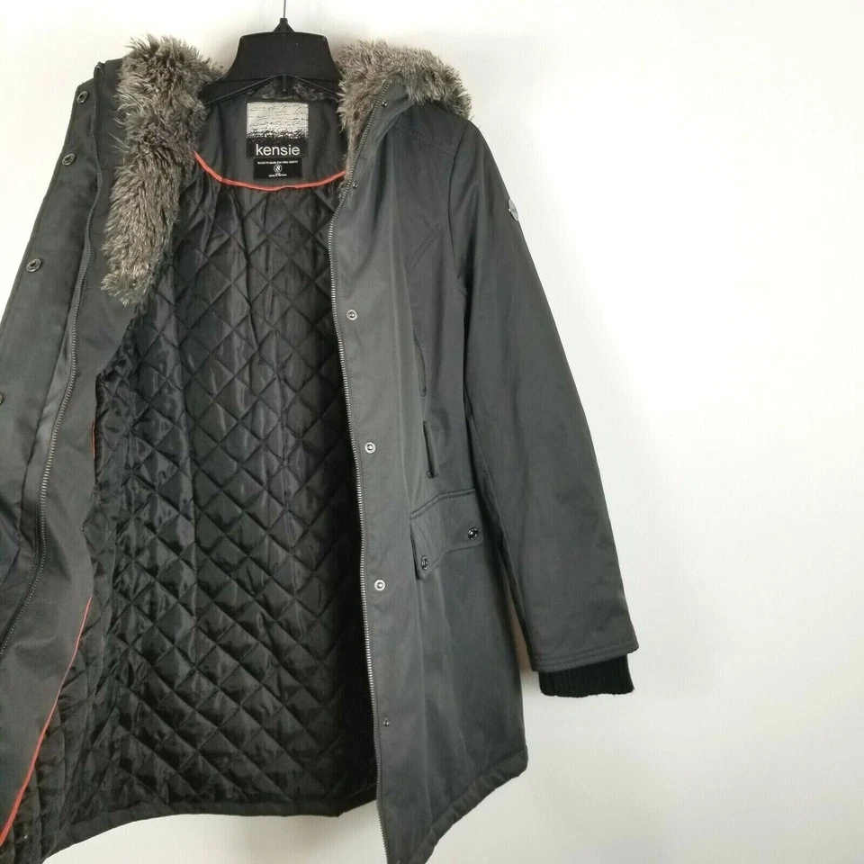Chaqueta Parka Acolchada con Capucha Piel Sintética Cremallera Completa Gris Manga Larga Kensie para Mujer S Foto 3 de 4