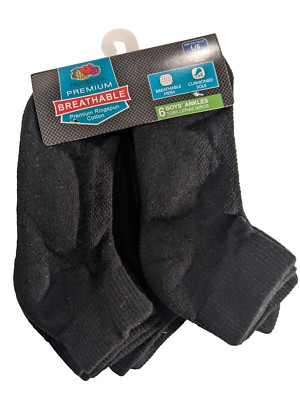 NEW ~ Fruit of the Loom Premium ~ Boys 6 Pair/Pack Ankle Socks ~ Black ...