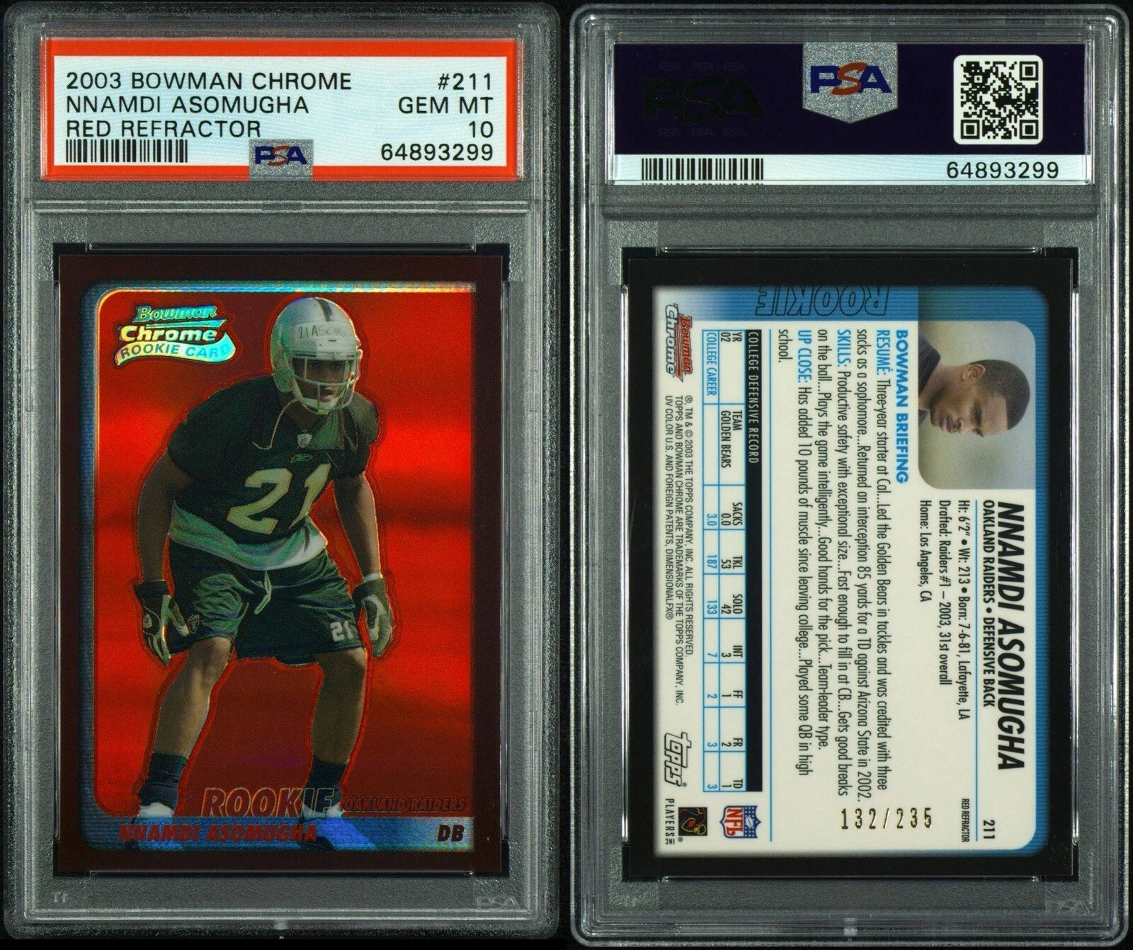Nnamdi Asomugha Bowman Chrome #211 Red Refractor