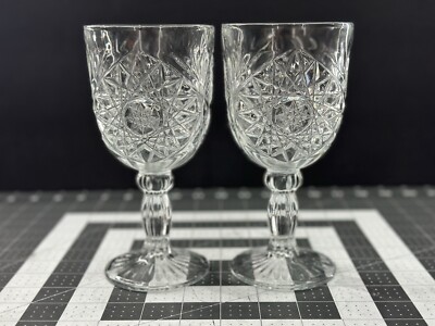 Star Burst Design Ribbed Stem Heavy Cut Glass 12 Ounce Wine Water Goblets 2-Set
