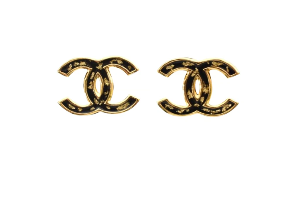 New Collection , CHANEL , Gold Leaf Double C Logo Earrings Black