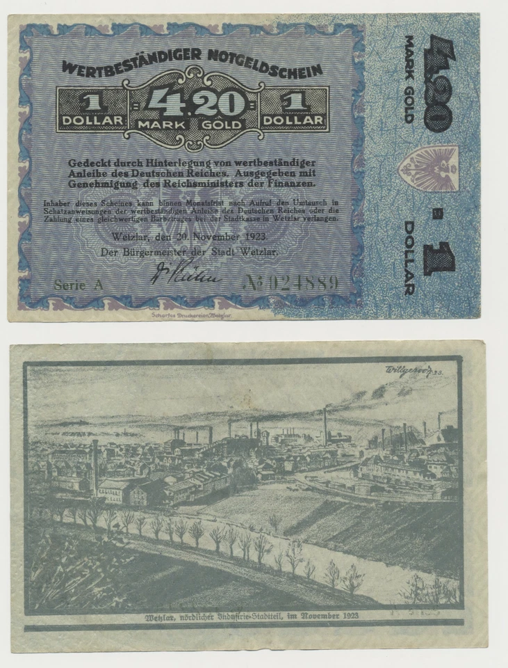 Wetzlar Wertbeständige Notgeld 4,20 Gold Mark = 1 Dollar 20. Nov. 1923 ( 1094 - Bild 1 von 1