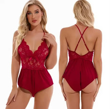 Women Lace Teddy Bodysuit Bow Front Crisscross Back Drape Hem Lingerie Red Black