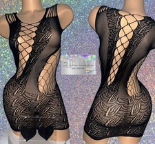 EXOTIC DANCER: BLACK DRESS WITH RHINESTONES NIPPLE COVERS INCLUDED 
