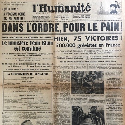 Journal L'HUMANITE 05/06/1936 # Ministry BLUM # 500,000 Strikers # Unions