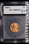 1948-S Lincoln Wheat Cent-ICG MS 66 RD Choice Gem BU No Reserve #SLL885