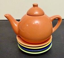 Set of Child  s Tea Pot With 4 Bright Color Dishes
