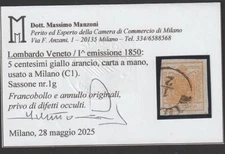 ANTIQUE LOMBARD STATES - VENETO 5 CENT YELLOW ORANGE CERTIFIED REF 1304