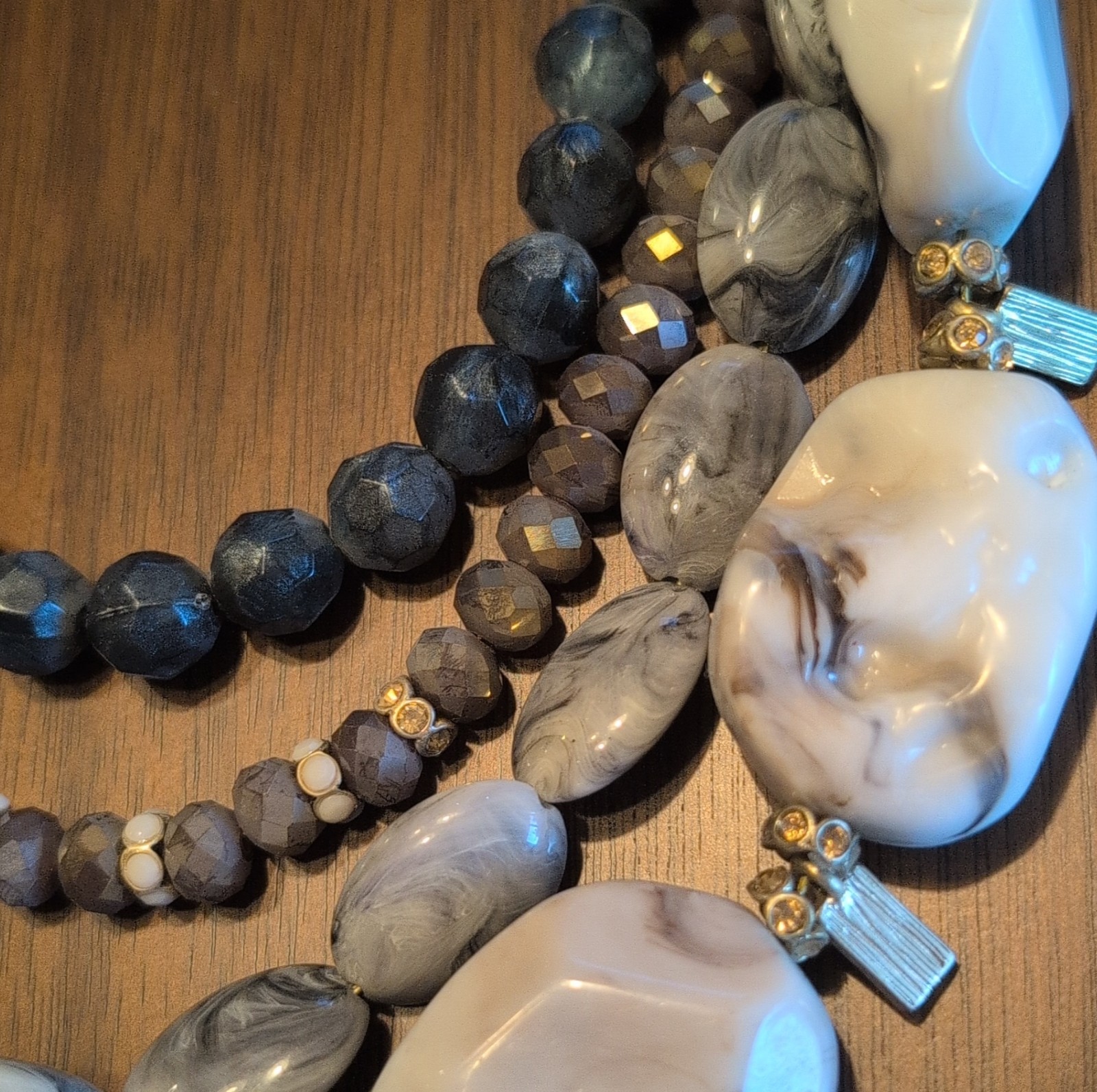 Layered Statement Beaded Necklace Gray White Marb… - image 3