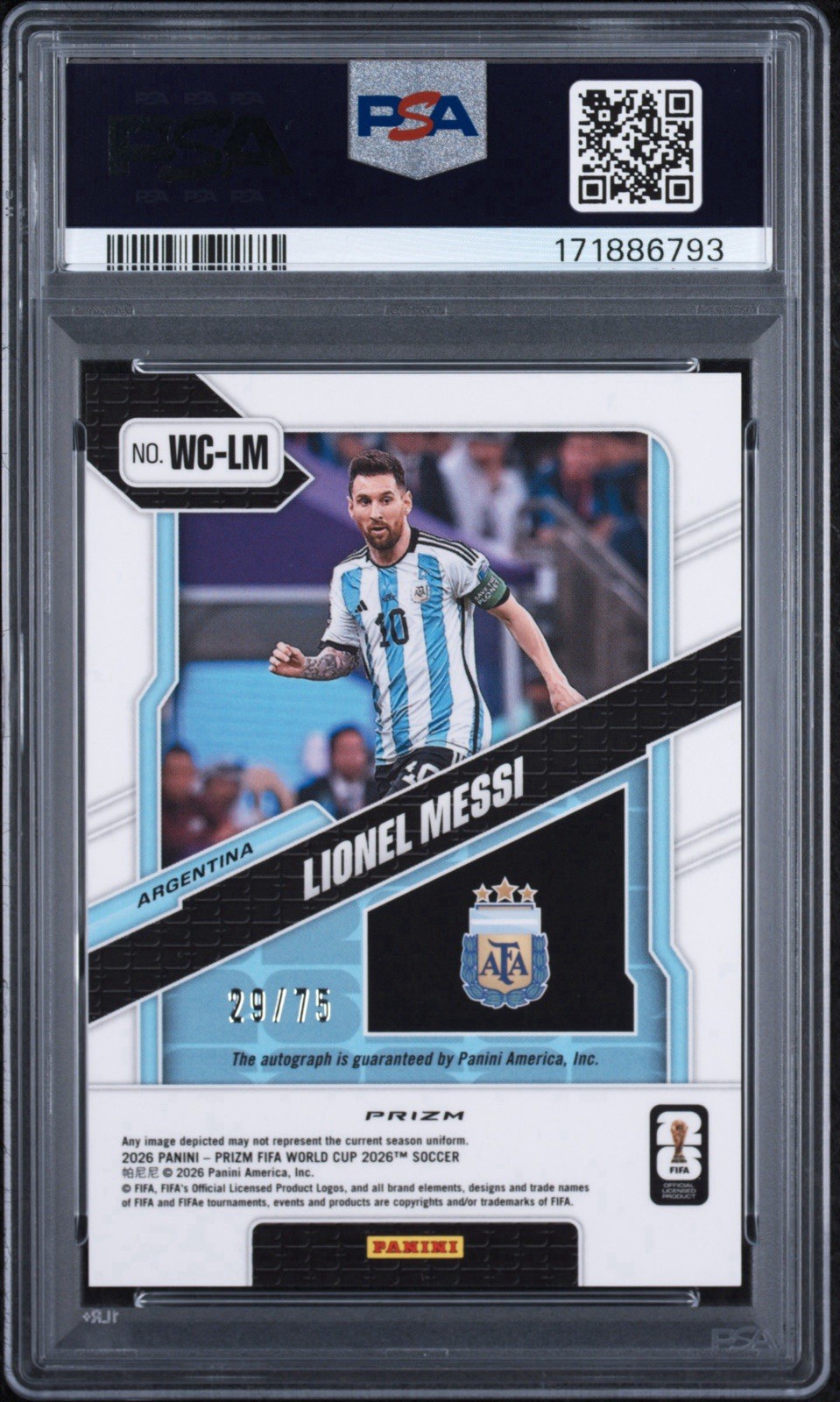 2026 Prizm FIFA World Cup Lionel Messi Winning Captains Auto Silver /75 PSA 9 view 2