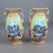 Pair Of 2 Mid Century Cottage Scene  Vintage Ceramic Vases w. Ornate Handles