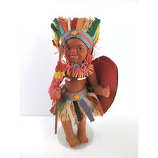 Vintage Brazilian Felt Cloth Costume Doll 14&ndash;15" Raffia Headdress Spear Shield