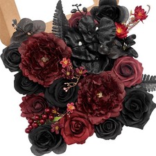 Burgundy Black Artificial Flowers, Fake Silk Flowers for DIY Wedding Bridal B...
