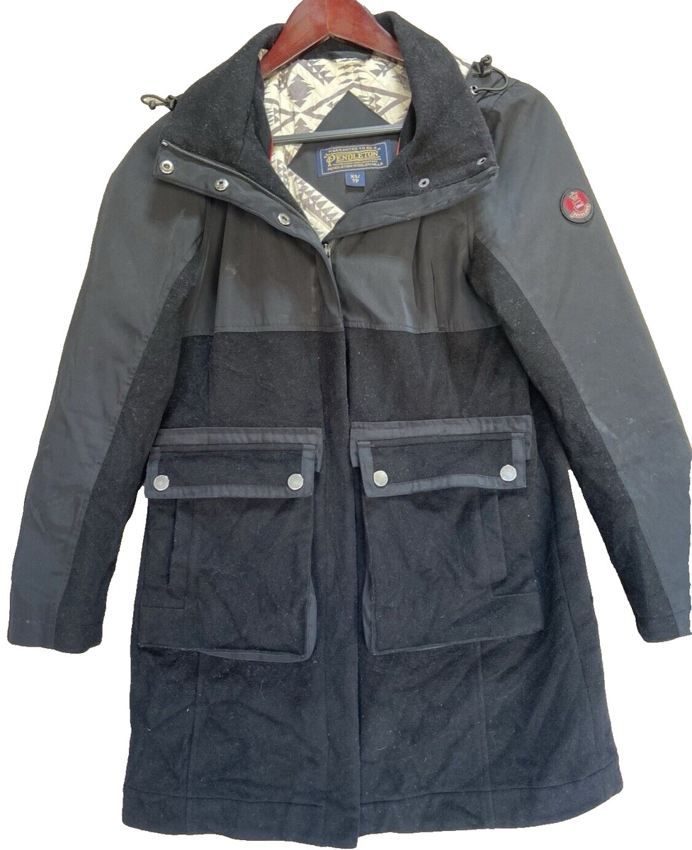 Pendleton Parka Hooded Women's Jacket Wool Vtg Geo Lining Black XS GUC