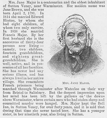 JANE MAJOR Centenarian aus Sutton Veney - antiker Druck 1891