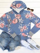Womens Large Floral Light Weight pullover Hoodie Blue, Gray, Pink,