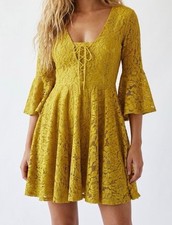 NWT RAGA Yellow Lace Bell Sleeve Corset Mini Dress Small Ren Fair Boho Sample
