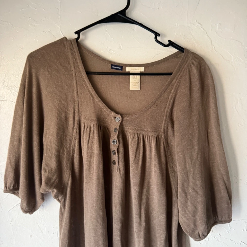 GAP Y2k Vintage Linen Blend Henley Top 3/4 Sl Brown S Babydoll Feminine Academia - Image 2 of 4