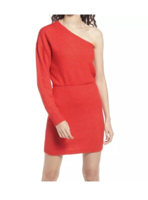 Open Edit One-Shoulder Red Sweater Dress Sz M Holiday Perfect EUC