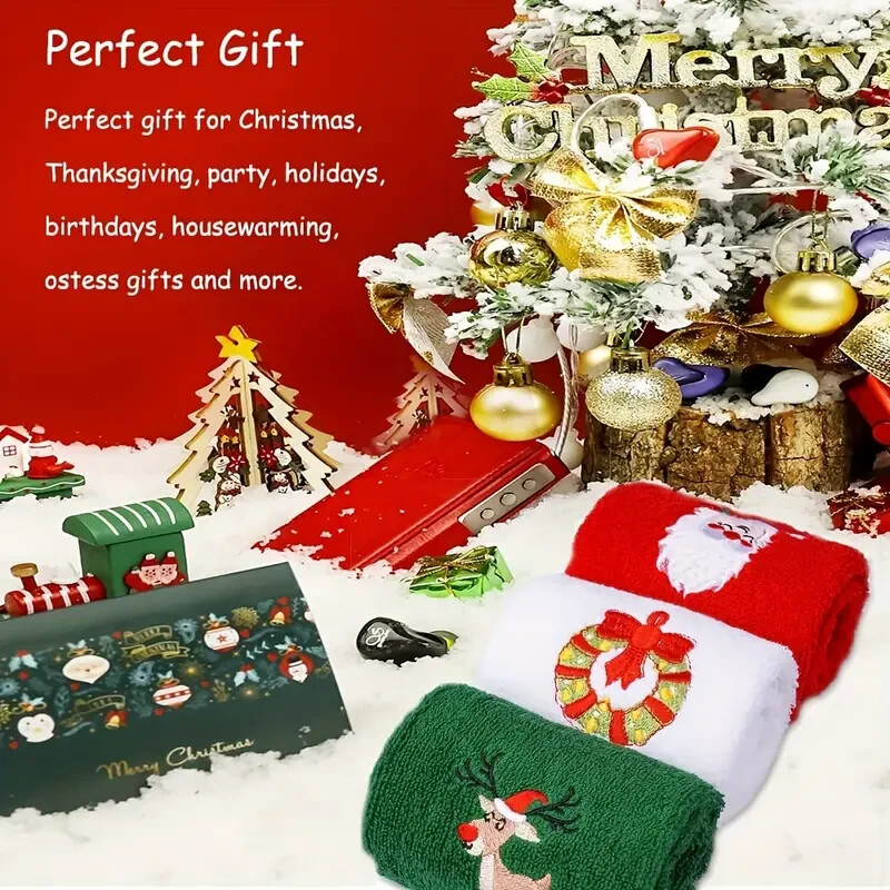 Set Of 3 Christmas Holiday Guest Hand Towels Soft Cotton Santa Wreath Reindeer