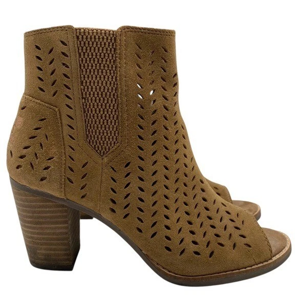 TOMS Womens Shoes Majorca Booties Sz 6 Brown Leather Perforated Peep Toe Ankle - Image 2 of 4