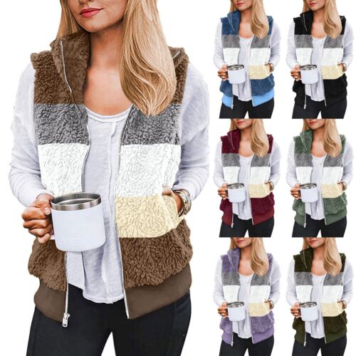 Womens Fuzzy Fleece Vest Casual Warm Sleeveless Zip Up Sherpa Jacket with Pocket - Picture 16 of 37