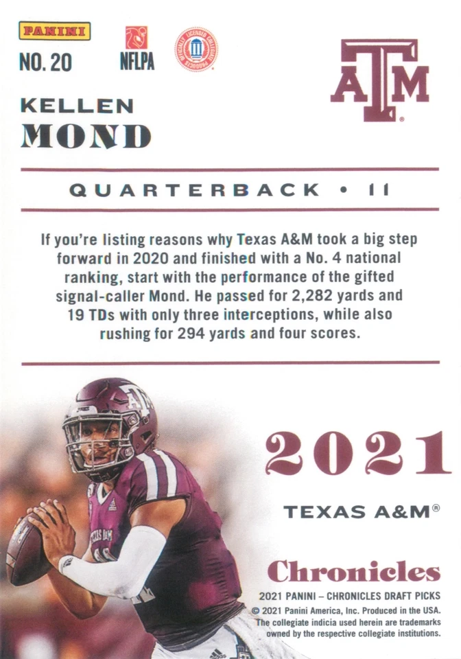 Kellen Mond RC 2021 Chronicles Draft Picks Rookie Card #20 Texas A&M Aggies NFL - Image 2 of 2