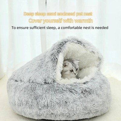 Winter Warm Semi Closed Cat And Dog Nest Crystal Velvet Pet Bed For Cozy Sleep