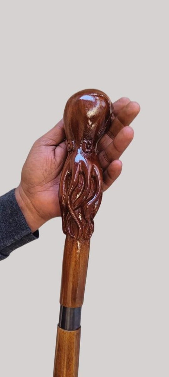 Octopus Engraved Head Handle Victorian Handmade Wooden Walking