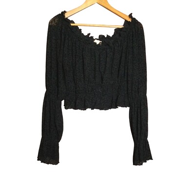 Charmed Hearts Womens Black Long Sleeve Crop Top Size L Whimsigoth Lace Ruffle
