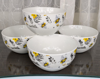 4 Pcs. ROYAL NORFOLK-Bumble Bees Floral Cereal/Soup Bowls BEE-U-TIFUL 5.5'' New