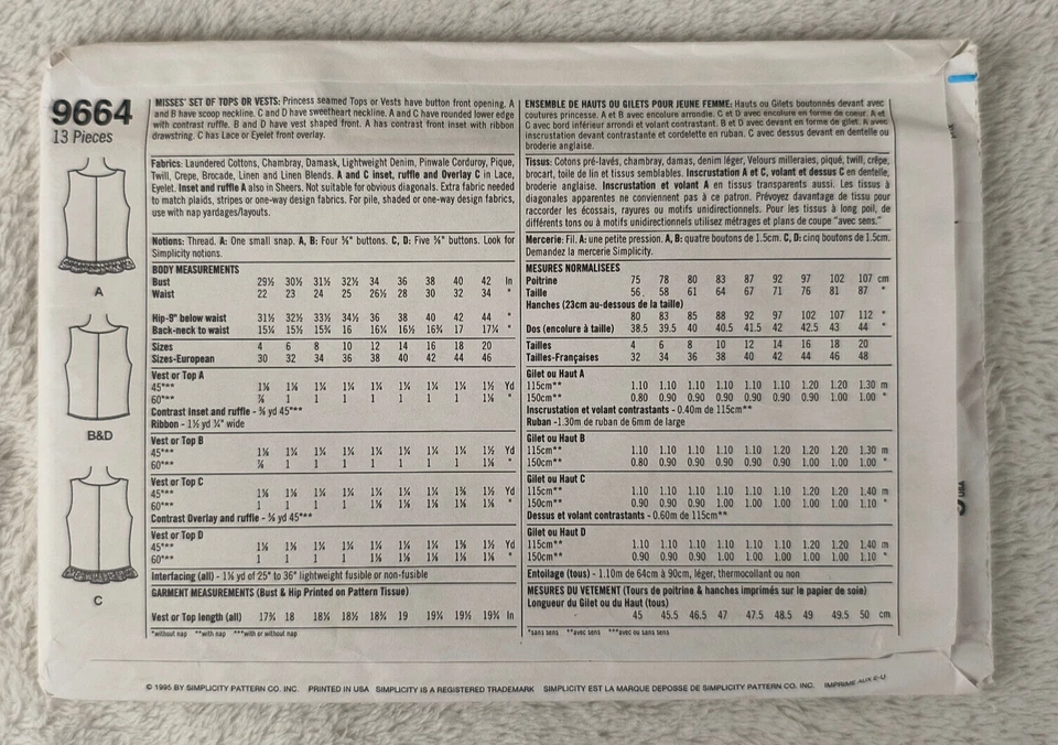 Chaleco Top 10 12 14 Vintage Años 90 Patrón Simplicidad 9664 Sin Cortar Foto 3 de 3