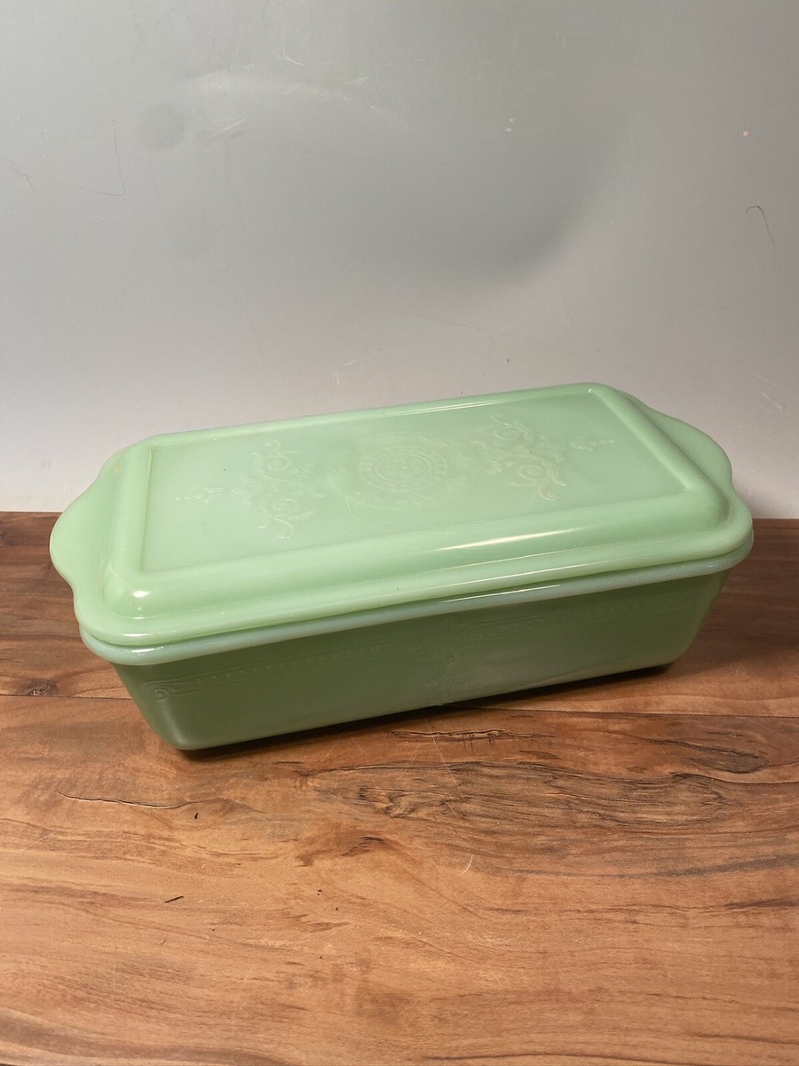 1940s Fire King Jadeite PHILBE Refrigerator DISH with LID Good