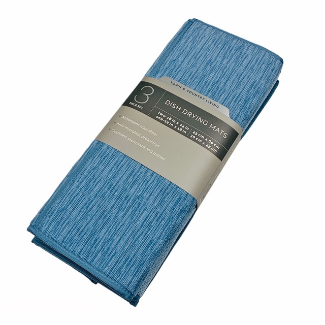 Textured Blue Set of 3 Kitchen Dish Drying Mats 18" x 24" Town