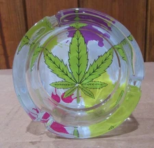3.3 inches  Round Glass Ashtray - Vibrant Cannabis Leaf Style, 85MM Diameter,