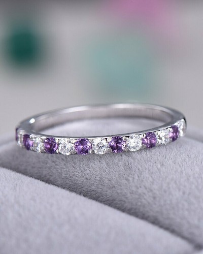 Round Cut Lab-Created Amethyst Half Eternity Band Ring 14k White Gold Plated - Picture 2 of 6