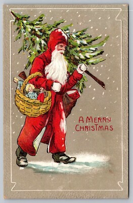 Postcard Red Long Robe Coat Santa Backet of Toys Carrying Tree
